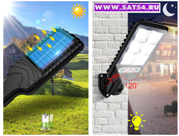 Пример работы аккумуляторного прожектора на солнечной батарее. Из описания на сайте www.sat54.ru в Новосибирске