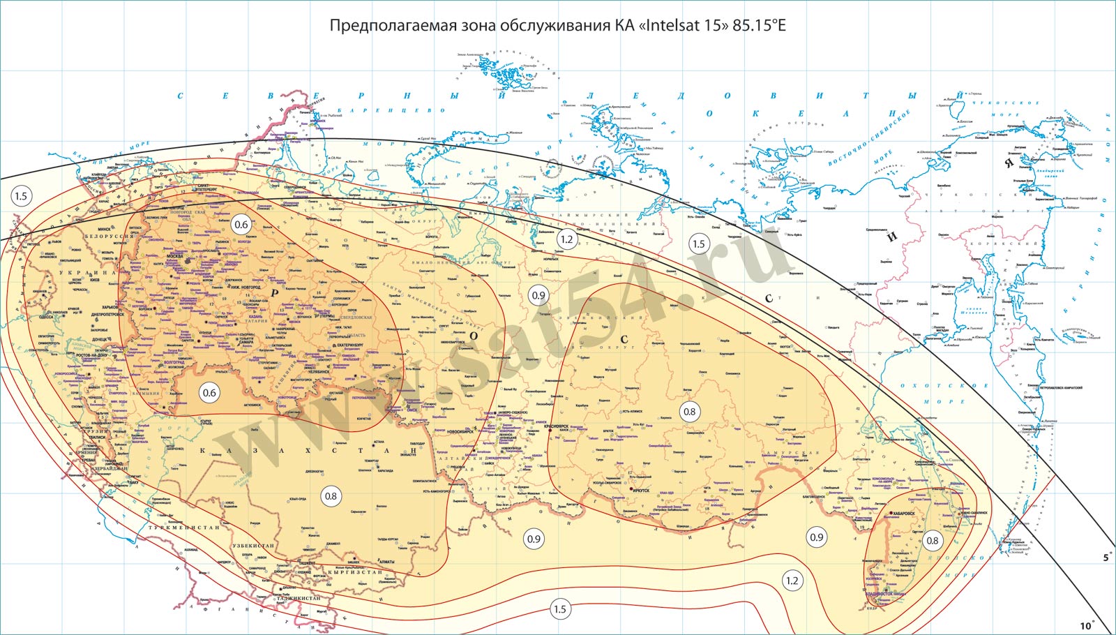 Зона покрытия. Космический аппарат «Intelsat 15» приспособлен специально для оказания телевизионных услуг. Основная рабочая зона нового спутника будет охватывать всю территорию России, видимую из данной точки стояния на геостационарной орбите, а также страны СНГ.